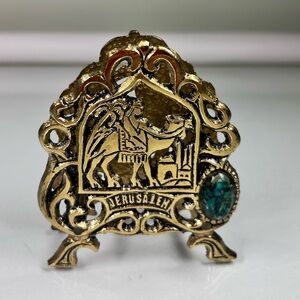 JERUSALEM Mail Letter Napkin Holder Brass? Enamel Stone Vintage Judaica